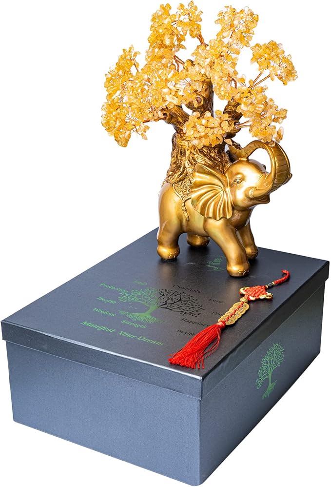 Citrine Crystal Money Tree on Gold Elephant Statue, 17”Large Gemstone Bonsai Tree of Life Home Décor Gifts for Wealth Positive Energy, Feng Shui Décor-VerdiqueGarden