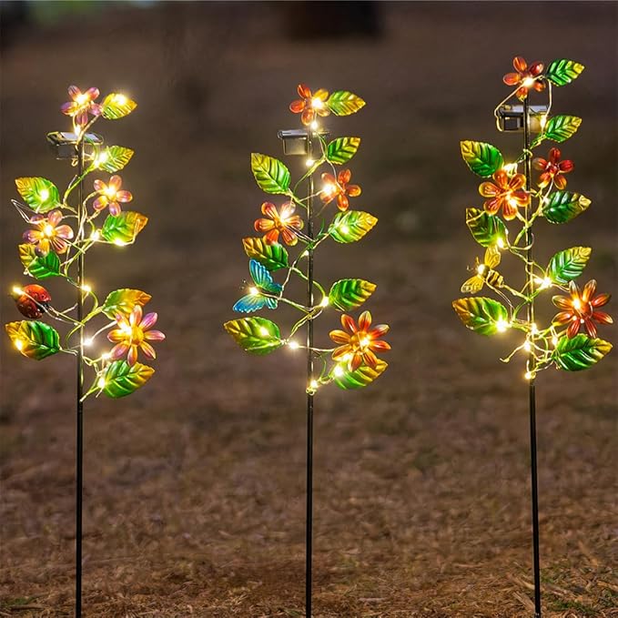 3 Pack Solar Garden Lights, Flower & Insect Metal Solar Stake Light, 23" H Outdoor Statues Figurine Lights for Garden Lawn Patio Yard Decoration-VerdiqueGarden