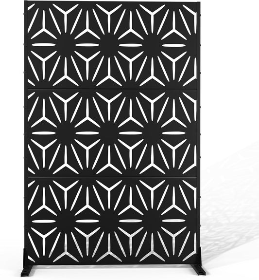 Metal Privacy Screen Outdoor 72" H×47" W, Freestanding Decorative Privacy Screen for Balcony Yard&Garden, Privacy Fence-Black&Star-VerdiqueGarden