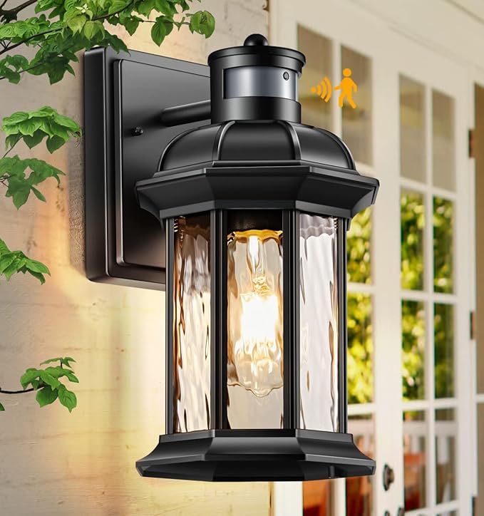VIANIS Dusk to Dawn Motion Sensor Outdoor Porch Lights, Modern Black Exterior Porch Light Fixtures Wall Mount, Anti-Rust Aluminum Waterproof Wall Lantern With Tempered Ripple Glass For Garage Entryway-VerdiqueGarden