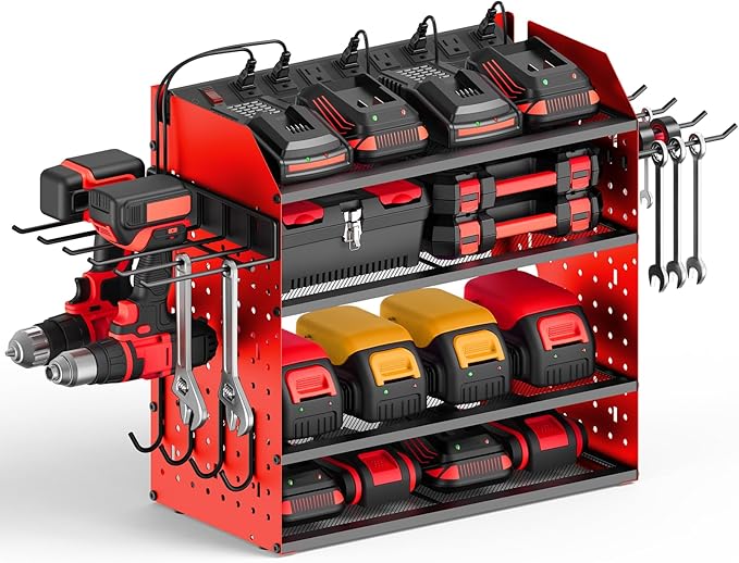 CCCEI Modular Desk Power Tools Organizer with Charging Station, 4 Layer Drills Battery Storage Wall Mount, Garage Shop Organization, Anniversary, Birthday, Gifts for Men, Father, Red, 10FT Cord.-VerdiqueGarden