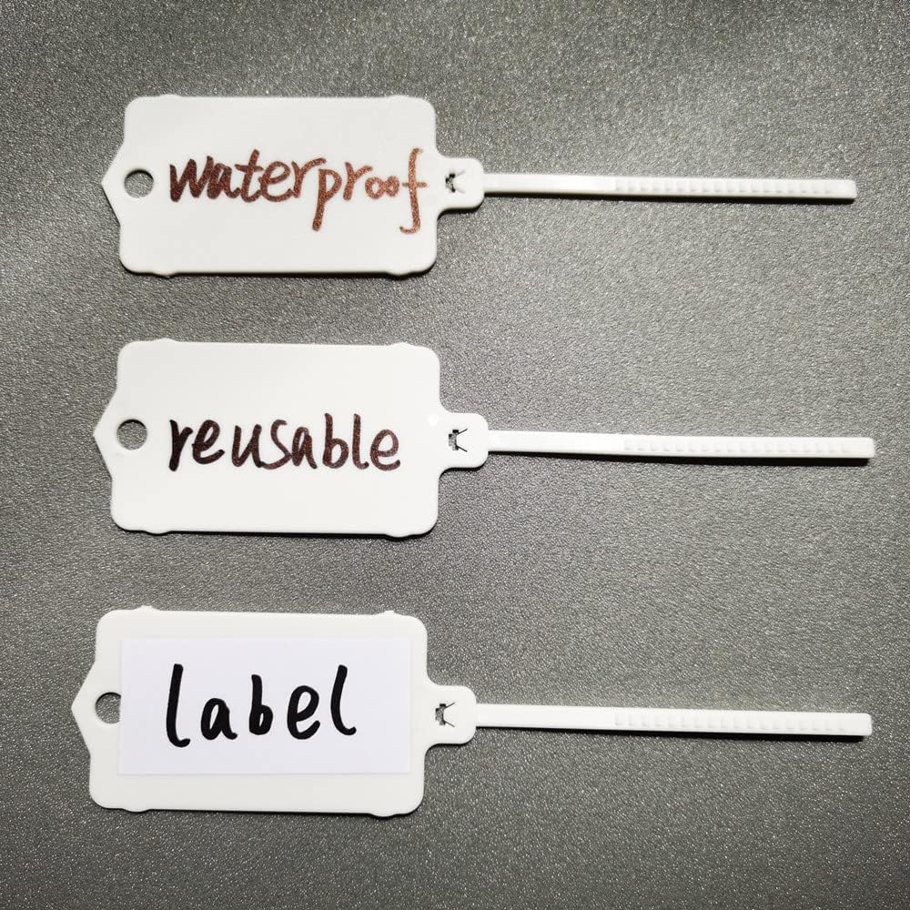 100pcs Reusable Blank Plastic Tags Ties Key Tags 1.45"*2.48" Serrated Tension Sealing Strap with Large Label Plastic Tie Mark Label Waterproof Hang Sign Write on Tag (White, 100pcs)-VerdiqueGarden