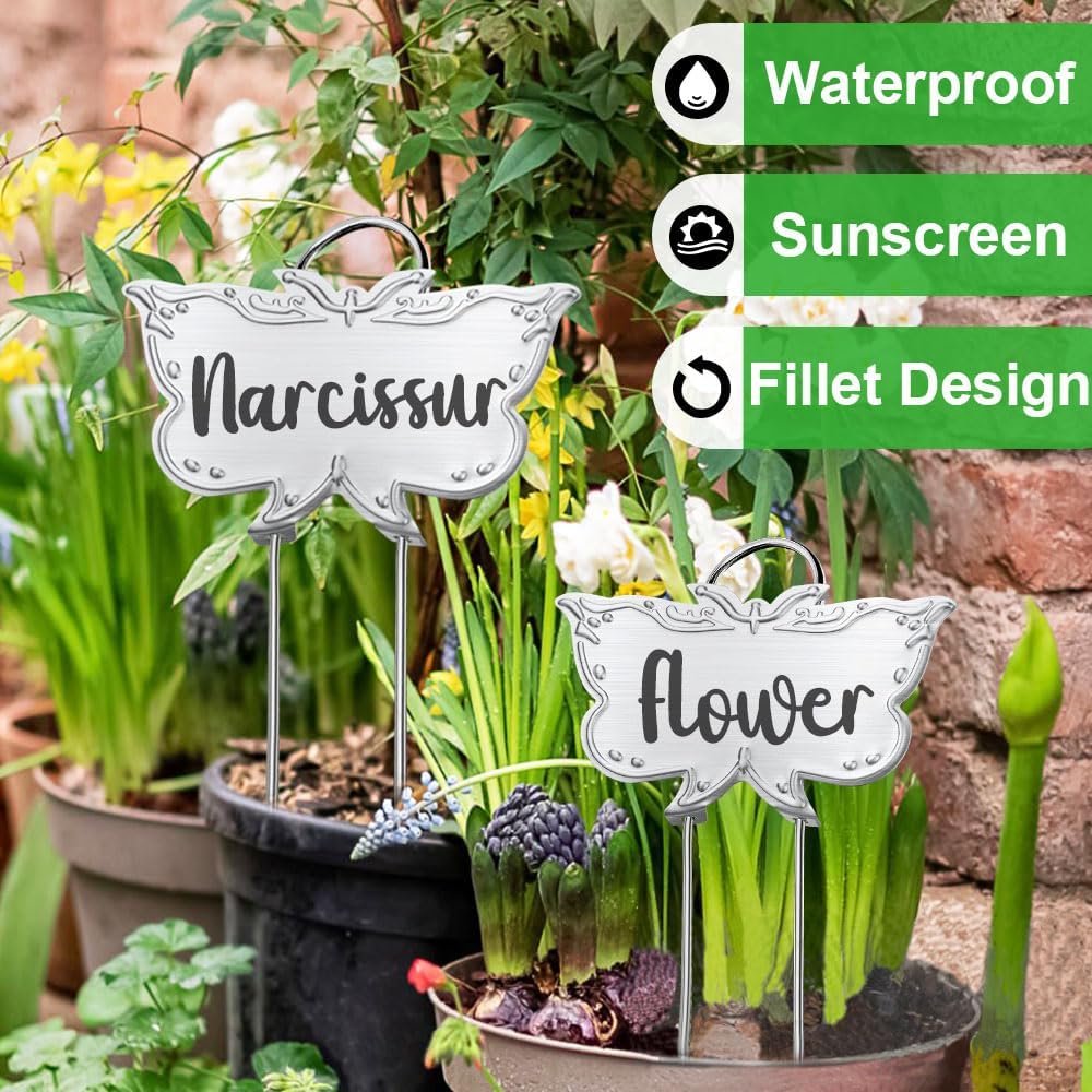 Metal Plant Labels, Tall Outdoor Butterfly Garden Markers for Flowers, Fruits and Vegetables, 304 Stainless Steel Weatherproof Signs (25 Packs, 4" x 2.3", Silver Butterfly Design)-VerdiqueGarden