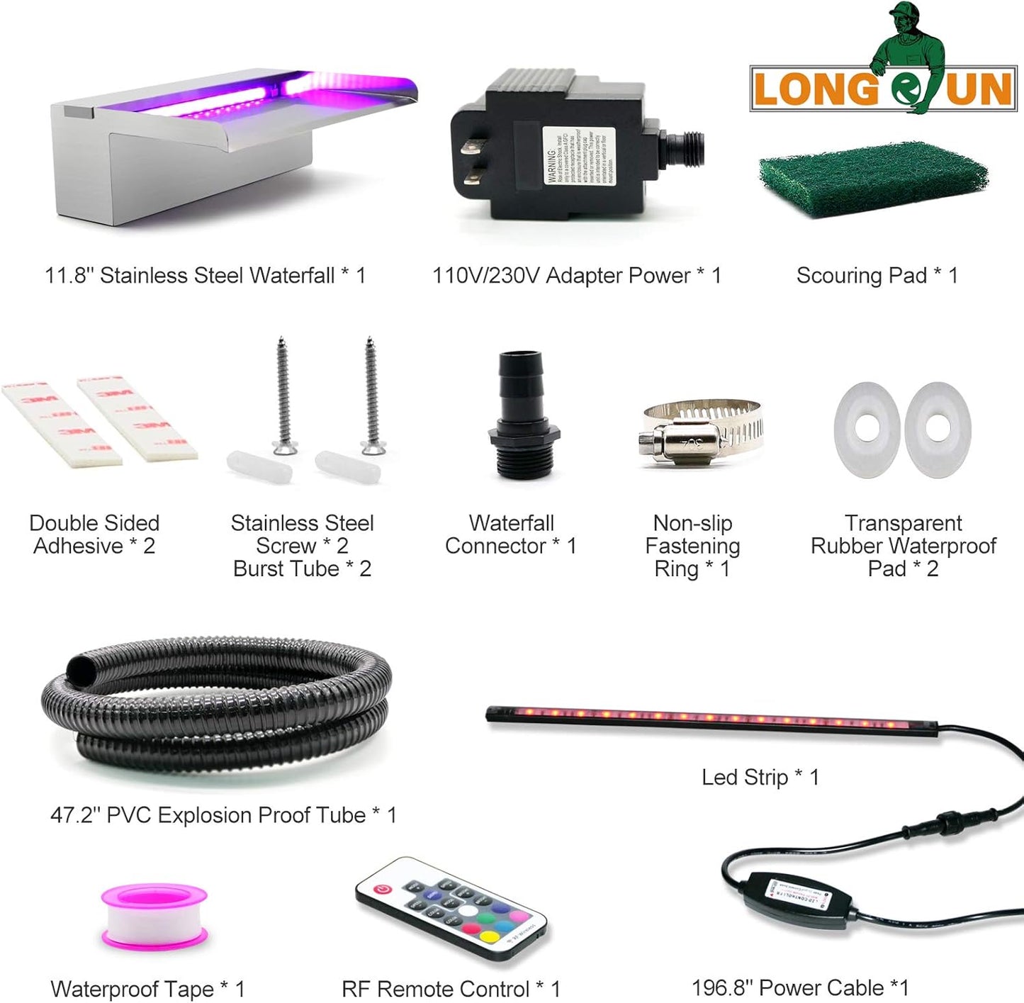 LONGRUN Waterfall Spillway Stainless Steel Pond Waterfalls with Color Changing LED Light, Outdoor Pool Fountain Water Spillway Waterfall Kit for Garden Patio Swimming Pool Koi Ponds Decoration-11.8"-VerdiqueGarden