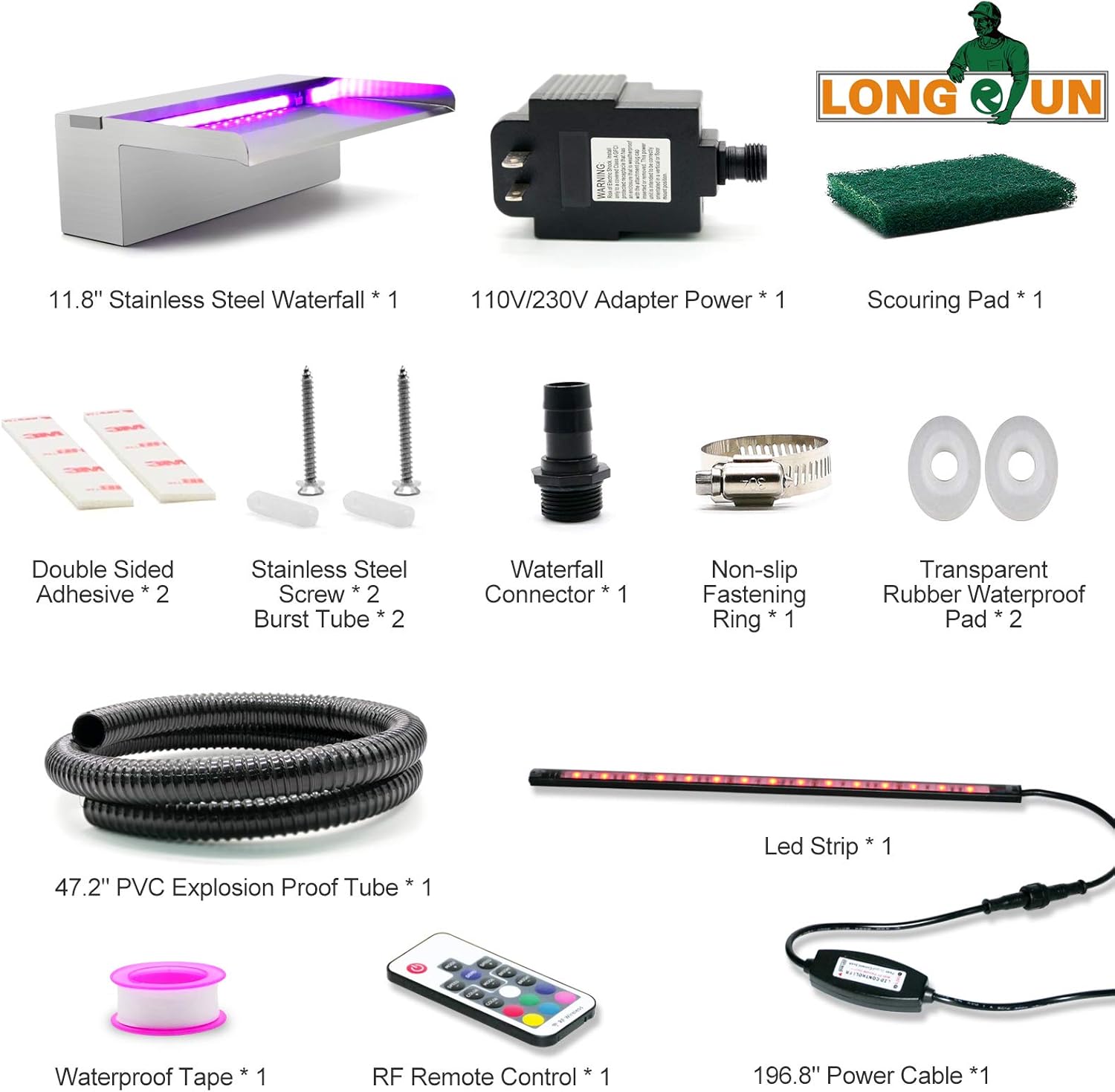 LONGRUN Waterfall Spillway Stainless Steel Pond Waterfalls with Color Changing LED Light, Outdoor Pool Fountain Water Spillway Waterfall Kit for Garden Patio Swimming Pool Koi Ponds Decoration-11.8"-VerdiqueGarden