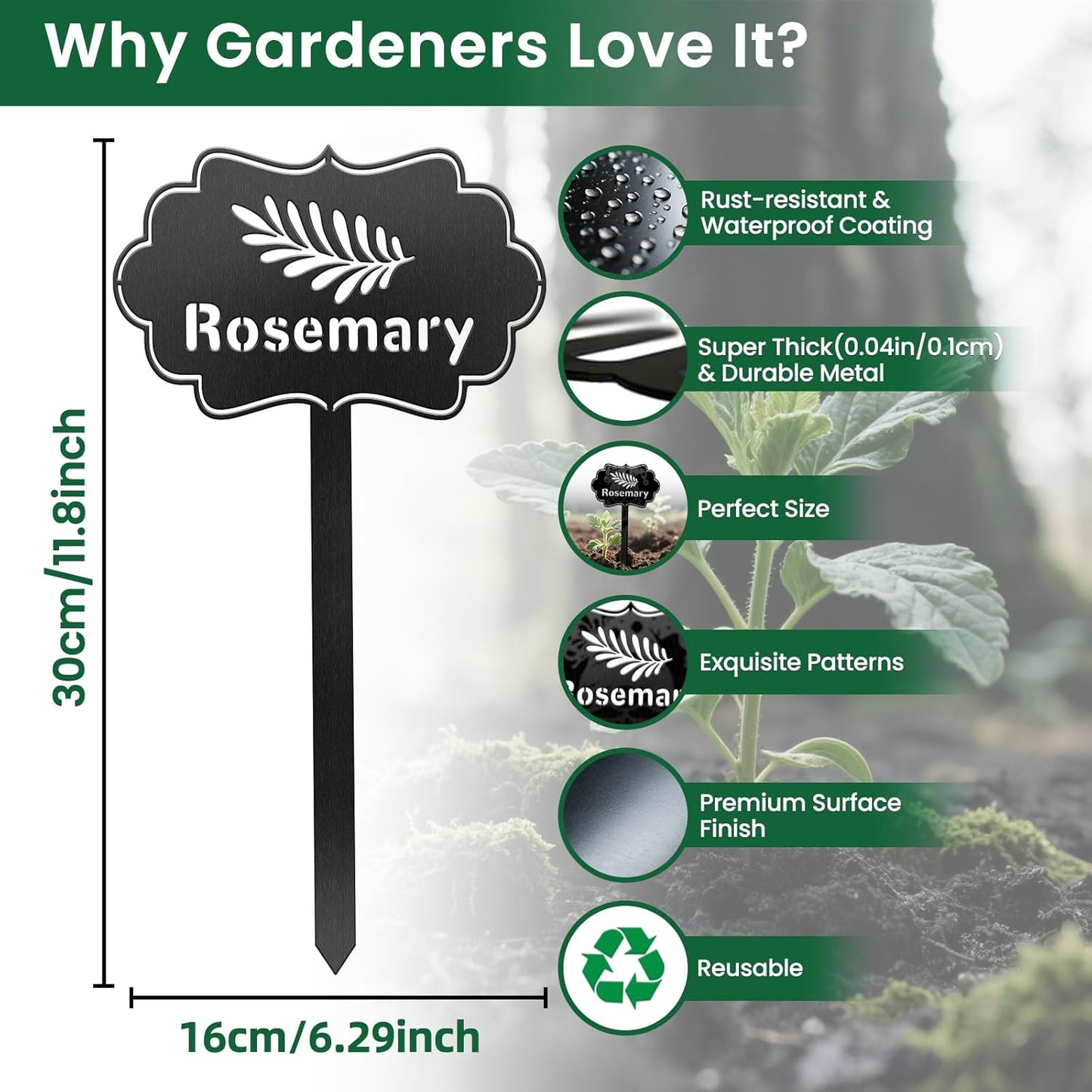 CUTHOLLOW Metal Plant Marker Stake Rosemary for Outdoor Indoor, Waterproof 11.8 inch Cute Garden Plant Labels Sign Tag for Vegetables, Farmhouse Greenhouse Decor - Funny Gardening Gifts-VerdiqueGarden