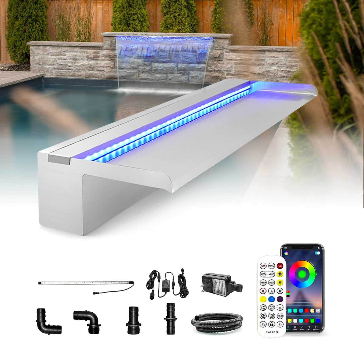 LONGRUN Stainless Steel Waterfall Spillway, APP Control Multi-Color LED Light Outdoor Pool Fountain, Water Spillway Koi Pond Waterfalls Fountains Kit for Garden Patio Swimming Pool Decoration-23.6"-VerdiqueGarden