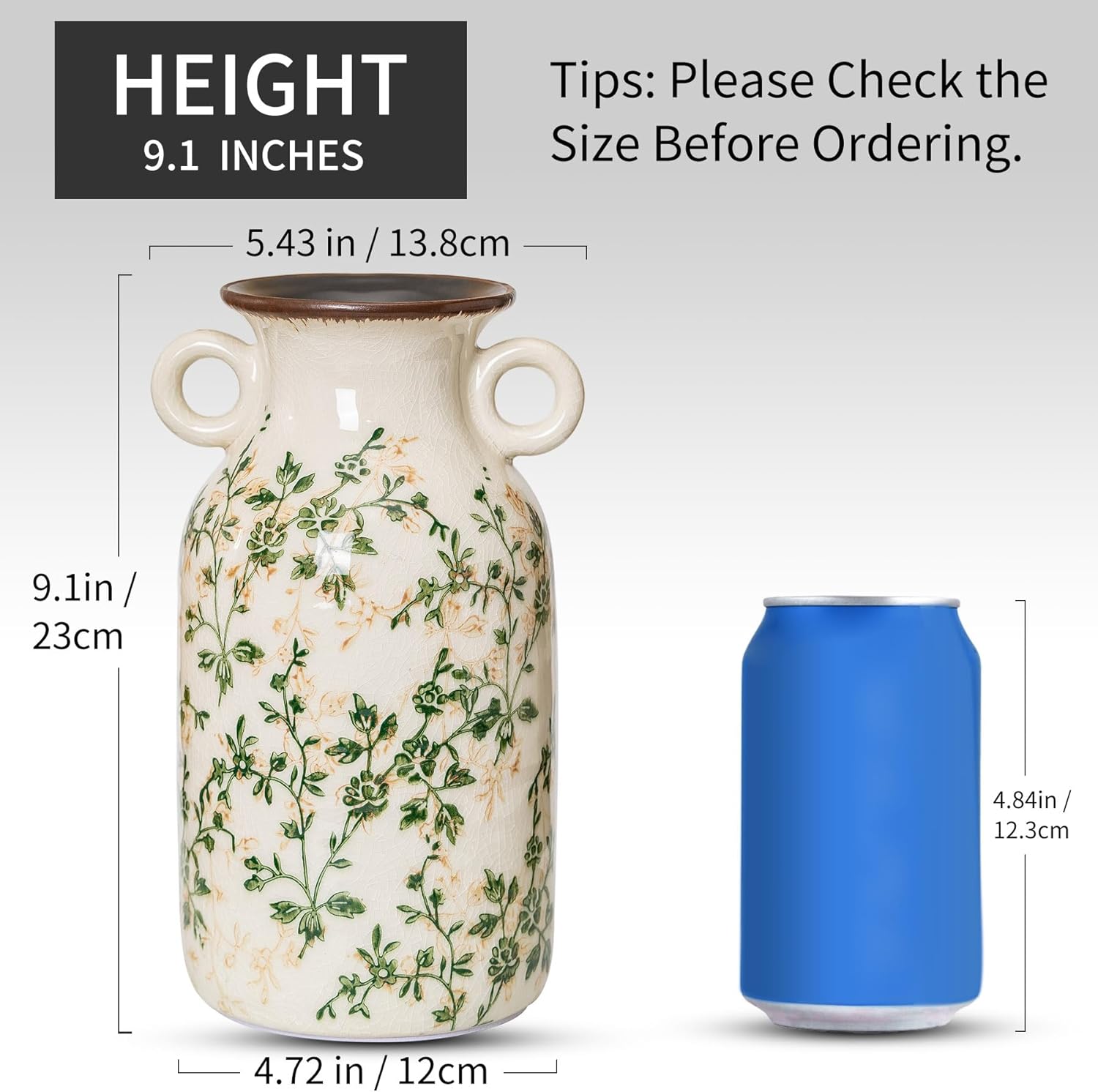 Vintage Pastoral Vase with Handles, Green and Beige Retro Ceramic Flower Vase, Rustic Farmhouse Vases Chinoiserie Floral Large Vase for Home Decor, Living Room, Kitchen, Bedroom and Shelf 9.1 Inch-VerdiqueGarden