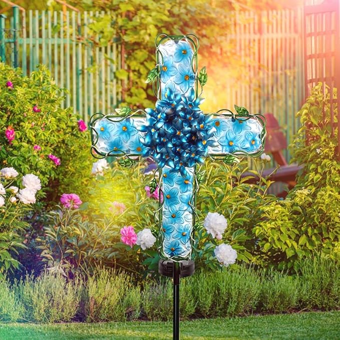 Solar Cross Garden Lights Outdoor Decorative - Solar Metal&Glass Cross Blue Hydrangea Flower Stake Lights- Waterproof 20 Warm White LED for Remembrance Gifts-VerdiqueGarden