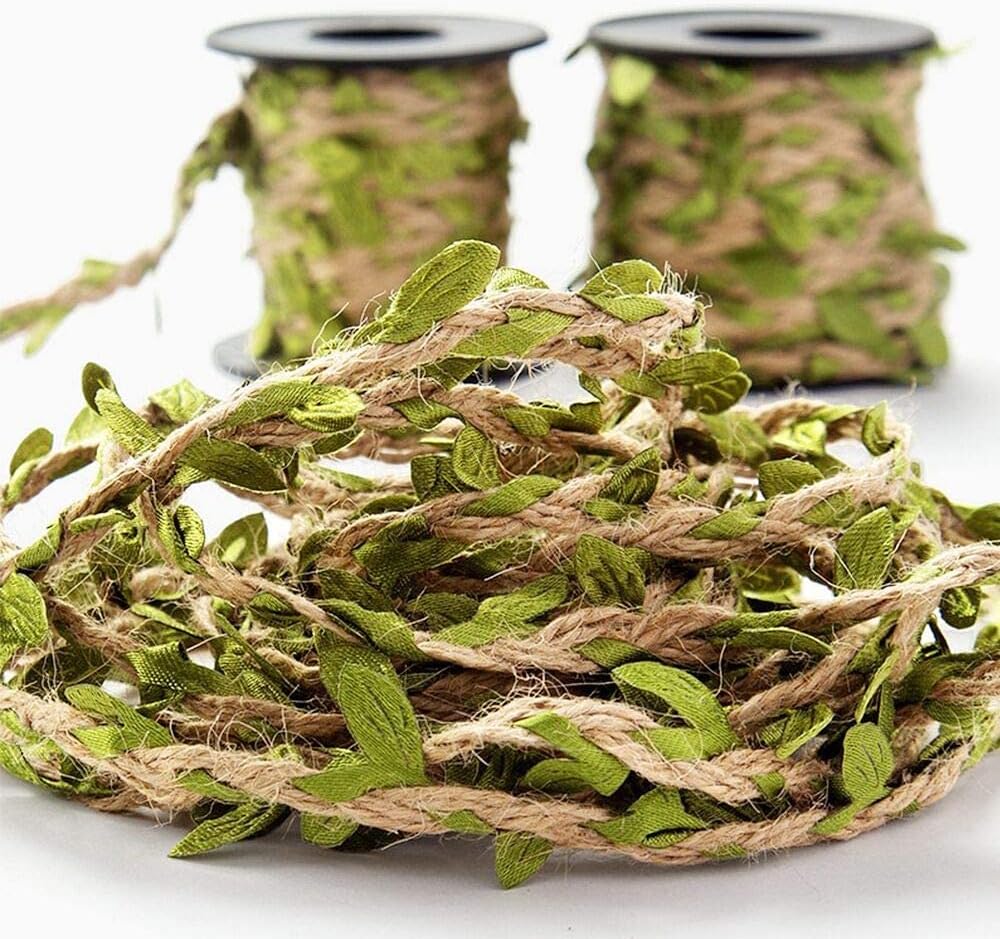 Burlap Leaf Ribbon 2 Rolls 66 Feet Total 5mm Natural Jute Twine with Artificial Green Leaves Braided Decorated Vine for Jungle Safari Party Wedding Garden Home Decor-VerdiqueGarden