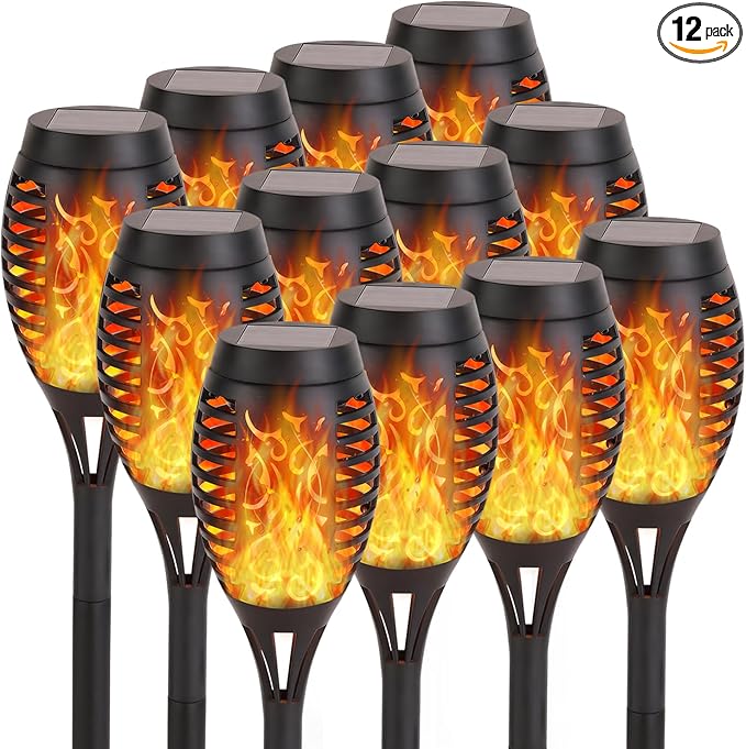 Solar Lights Outdoor, 12Pack Solar Torch Light with Flickering Flame for Garden Decor, Waterproof Outdoor Lighting Landscape, LED Flame Torches for Outside Patio Pathway Yard Decorations-VerdiqueGarden