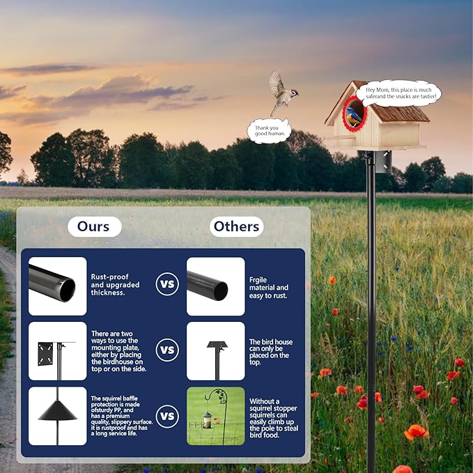 Smart Bird Feeder Pole - (32-92 Inch) Adjustable Bird House Pole Compatible with BirdBuddy, Outdoors Weather Station and Variety of Smart Birdhouse Styles, Heavy Duty Bird Feeder Stand Mount Kit-VerdiqueGarden