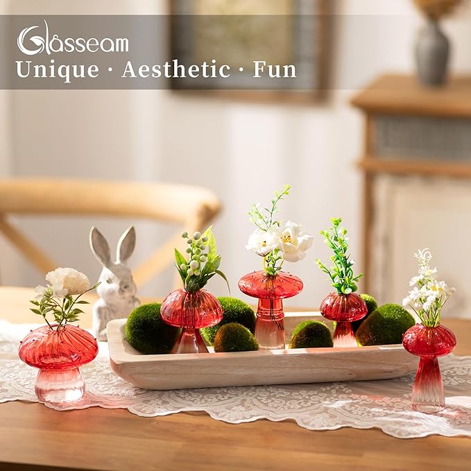 Glasseam Mushroom Plant Propagation Stations: Red Glass Terrarium Jar Set of 10 Cute Planters for Indoor Plants Mini Propagate Station Unique Christmas Birthday Gifts for Women Home Office Decor-VerdiqueGarden