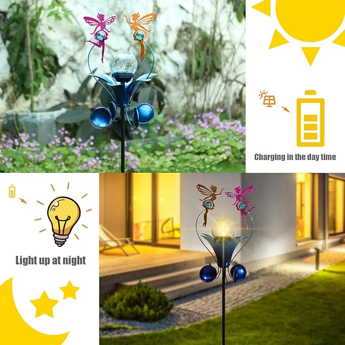 VCUTEKA Solar Lights Outdoor Metal Garden Stake Waterproof Crackle Glass Globe Garden Decor Fairy for Pathway, Lawn, Patio, Yard-VerdiqueGarden
