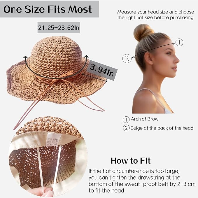 Womens Straw Beach Sun Hats, Foldable Packable Floppy Handmade Crochet Hats for Women,Large Summer Vacation Wide Brim Hat-VerdiqueGarden