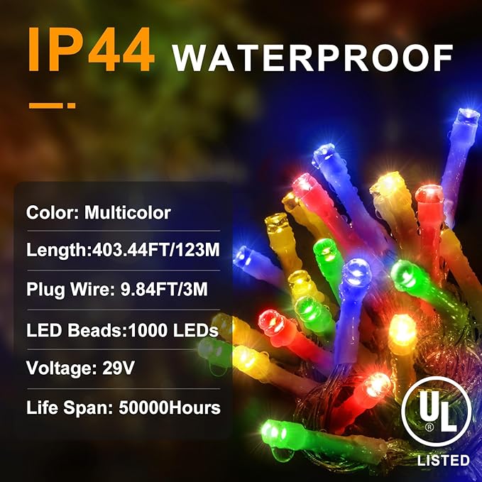 KNONEW 403ft 1000 LED String Lights Outdoor Christmas Lights 8 Modes & Timer Fairy Light Plug in Waterproof LED String Lights for Xmas Yard Tree Wedding Party Holiday Decorations (Multicolor)-VerdiqueGarden