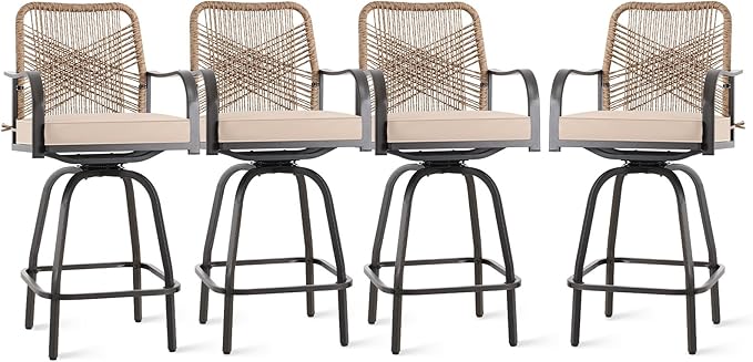 Outdoor Bar Stools Set of 4, Patio Swivel Counter Height Rattan Bar Stools, Patio Wicker Bar Swivel Chairs with Cushion, Outdoor Pool Bar Chairs for Backyard Garden Balcony w /360 Rotation-VerdiqueGarden