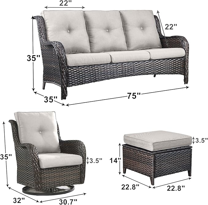 Outdoor Wicker Patio Furniture Set - 5 Piece Rattan Patio Conversation Set with 2 Rocking Swivel Chairs,2 Ottomans and 1 Sofa for Porch Deck Backyard Garden(Brown/Beige)-VerdiqueGarden