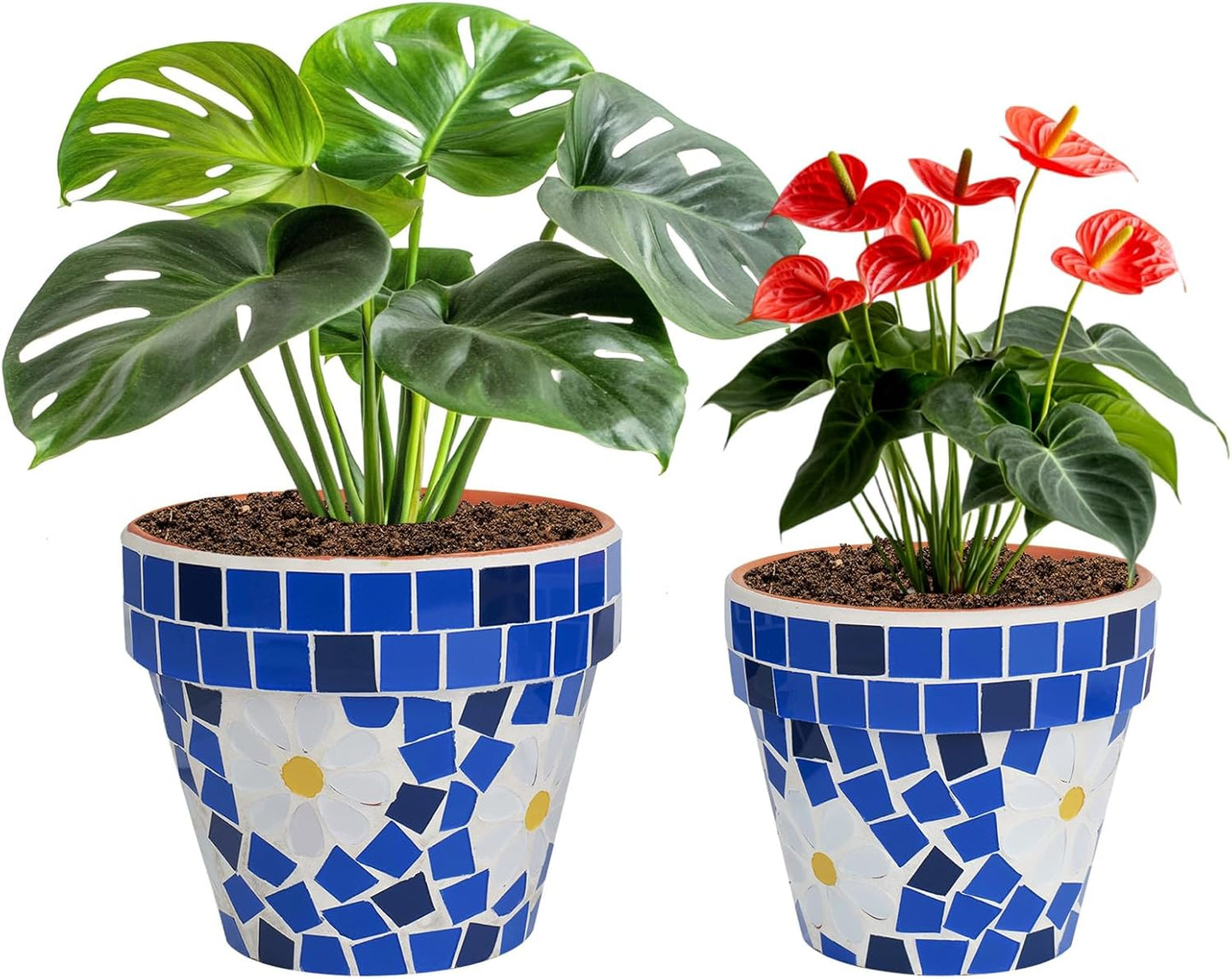 VOREEN Mosaic & Terracotta Plant Pots, 2 Pack Handmade Flower Pots with Drainage, Decorative Daisy Style Planters for Indoor Outdoor Plants, Home & Garden Decor, Gift for Mom Wife Friend-VerdiqueGarden