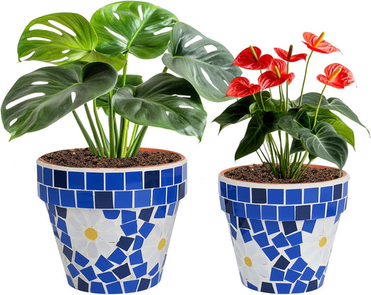 VOREEN Mosaic & Terracotta Plant Pots, 2 Pack Handmade Flower Pots with Drainage, Decorative Daisy Style Planters for Indoor Outdoor Plants, Home & Garden Decor, Gift for Mom Wife Friend-VerdiqueGarden