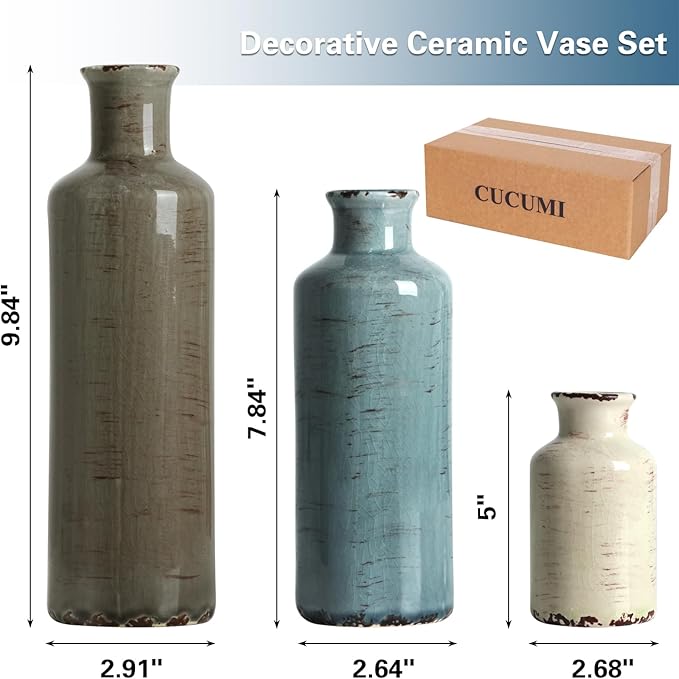 CUCUMI Ceramic Flower Vases Set of 3, Rustic Coastal Home Decor for Farmhouse Shelves, Ocean Beach Style, Mantle, Fireplace, Coffee Table, Shelf for Living Room-VerdiqueGarden
