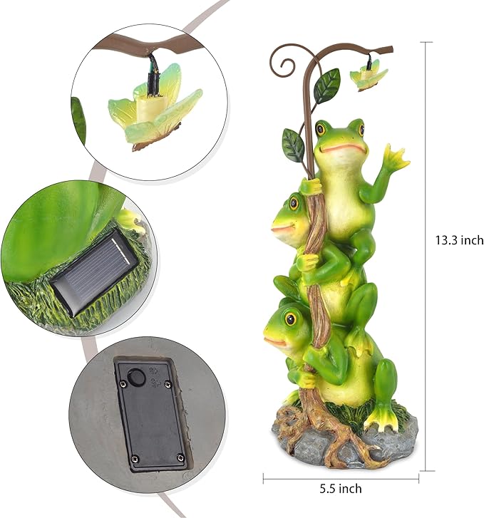 Frog Figurine Garden Decor, Solar Resin Frogs Outdoor Statue, Funny Frog Gift Sculpture Decoration for Home Patio Yard Lawn Porch Ornament-VerdiqueGarden