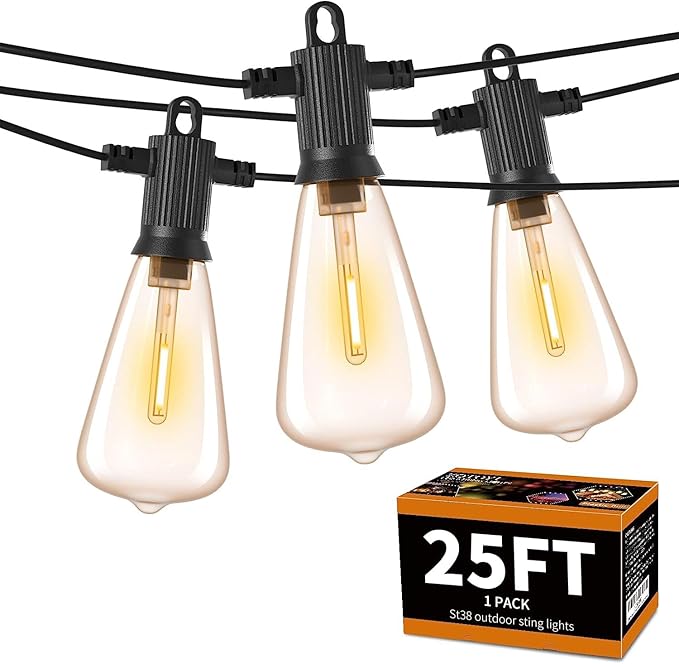ZOTOYI Outdoor String Lights 25FT, Waterproof IP65 Patio Lights with 13 Shatterproof ST38 LED Bulbs, Outside Hanging Light Dimmable for Backyard, Bistro, Cafe, Garden 2700K Warm White-VerdiqueGarden