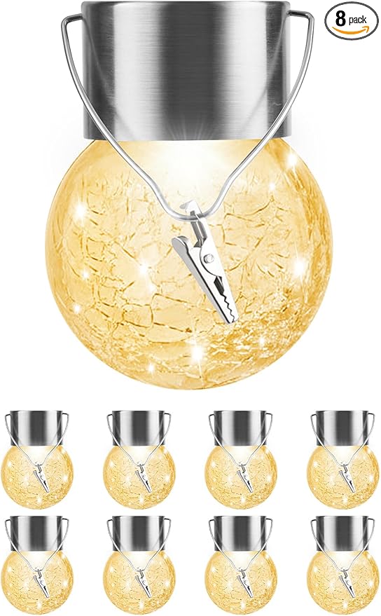 Solar Lights Outdoor Hanging Decorative Globe 8 Pack, Waterproof Solar Lantern with Handle and Clip, Solar Powered Glass Ball Lights for Garden Yard Fence Tree Umbrella Holiday Décor, Warm White-VerdiqueGarden