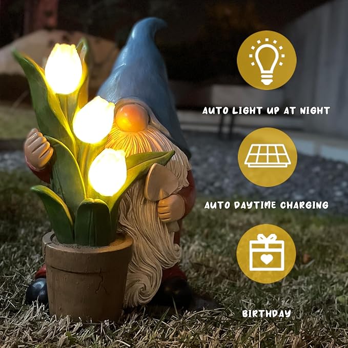 Garden Gnome Statue, Sculpture of a Dwarf Holding a Shovel and a Flower Pot, Solar Gnome Statues Outdoor Decor, Outside Lawn Patio Yard Ornament Gifts-VerdiqueGarden