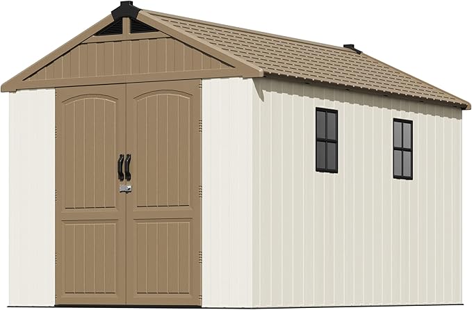 Patiowell 8 x 12 FT Plastic Outdoor Storage Shed with Floor, Resin Shed with Window and Lockable Door for Garden, Backyard, Tool Storage Use, Easy to Install in Brown (Kick-it Shed)-VerdiqueGarden