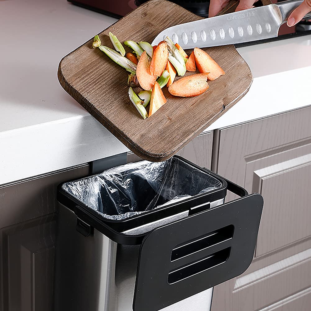 SIDIANBAN Hanging Trash Can with Lid for Kitchen Cabinet Door, 0.8 Gal/3L Stainless Steel Garbage Can Kitchen Compost Bin for Countertop or Under Sink-VerdiqueGarden