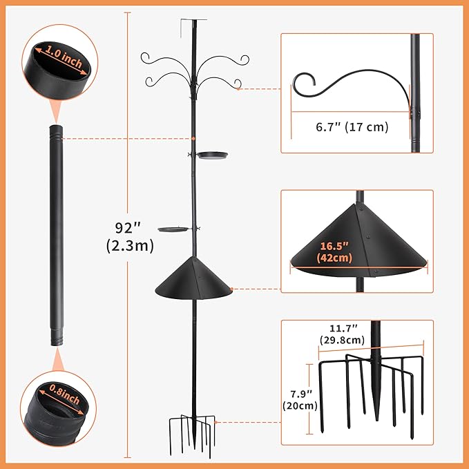 eWonLife 92 Inch Bird Feeder Pole with Squirrel Baffle & Upgraded 9-Prong Base, Adjustable Bird House Pole for Outdoors Heavy Duty, Bird Feeder Stand Post Station with 4 Shepherd Hooks, Birdbath, Tray-VerdiqueGarden