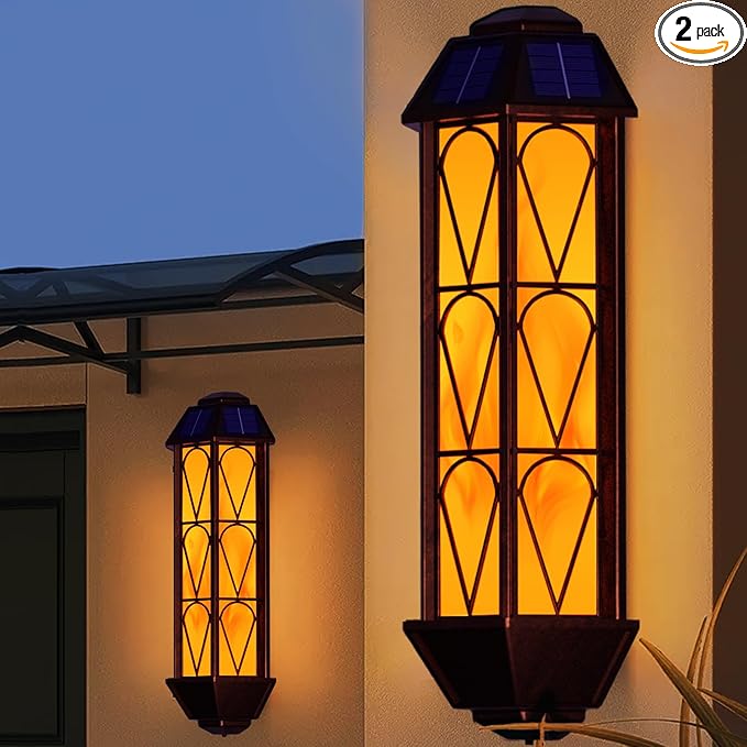 KINGLEAD Flickering Flame Solar Wall Lights Outdoor Waterproof, Light Sensor Outdoor Wall Lights with 2 Lighting Mode, Vintage Solar Wall Lights for House Garden Porch Backyard Patio, 2 Pack-VerdiqueGarden