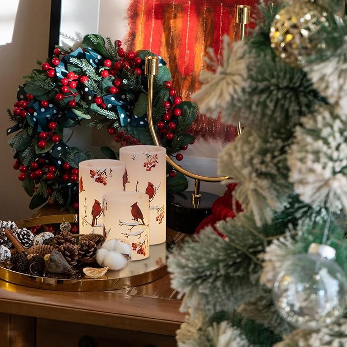 Cardinal Flameless Candles, 3 Pack LED Flickering Pillar Candles with Red Bird Decals, Real Wax Cardinal Home Decor for Halloween Christmas Decor(D3” x H4”5”6”)-VerdiqueGarden