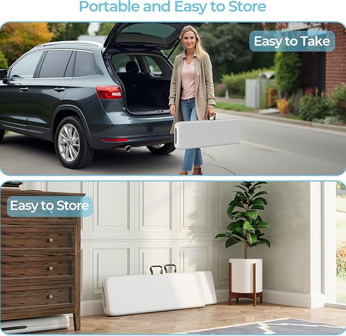 6ft HDPE Folding Bench, Foldable Seat with Sturdy Frame and Security Lock for Indoor and Outdoor, Multipurpose Entertaining Activities, Portable and Easy to Store, 2 Pack, White-VerdiqueGarden