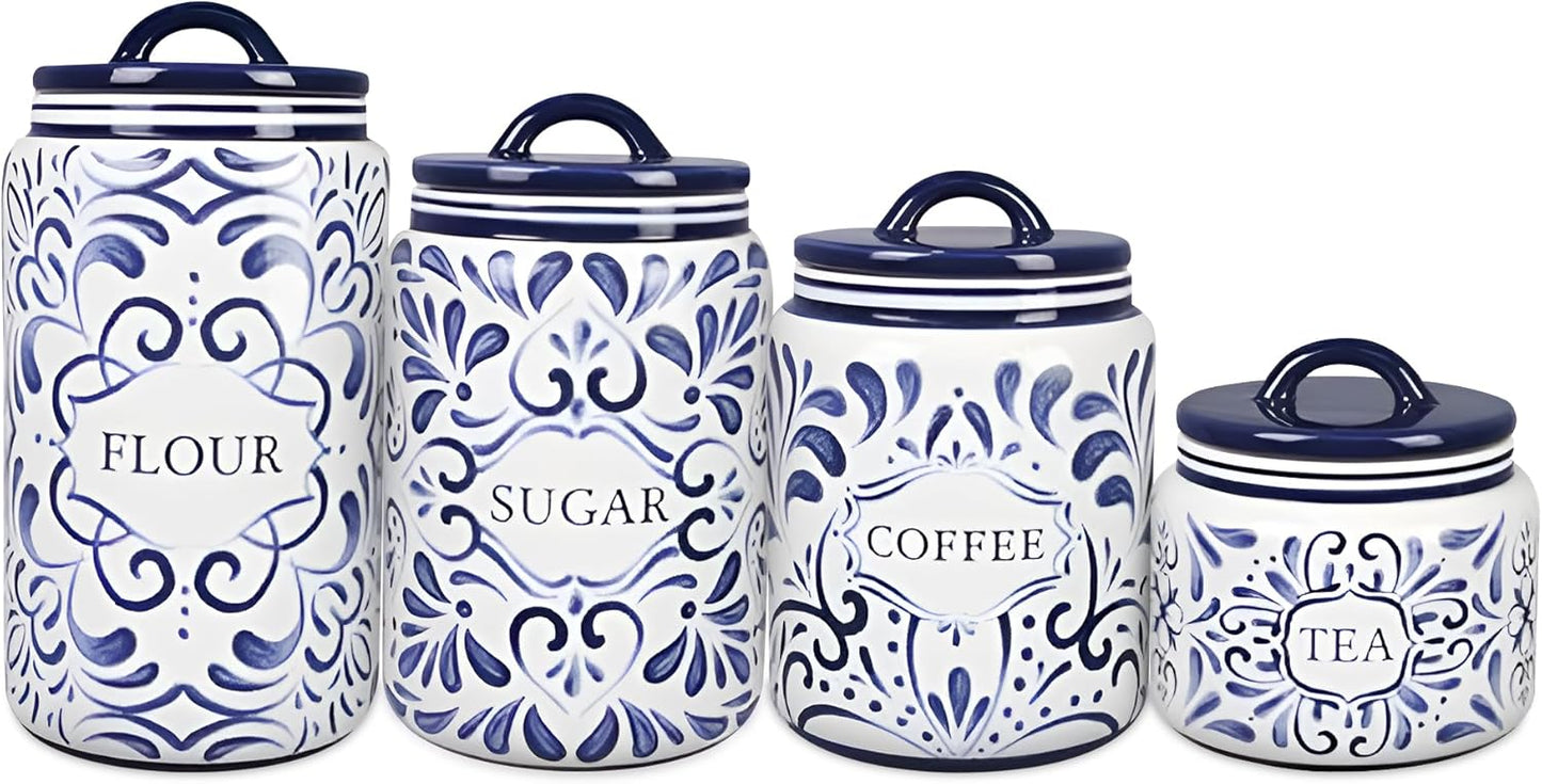 Young's Inc. 4 Pcs Set Talavera Ceramic Canisters- Storage Container for Kitchen and Bathroom - Beautiful Home Decor Accent to Store Food, Coffee, Tea, and More - White, Blue-VerdiqueGarden