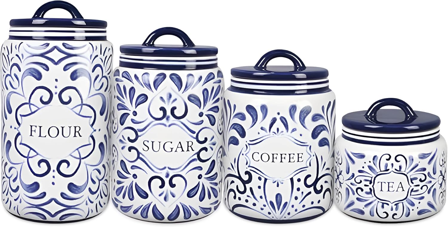 Young's Inc. 4 Pcs Set Talavera Ceramic Canisters- Storage Container for Kitchen and Bathroom - Beautiful Home Decor Accent to Store Food, Coffee, Tea, and More - White, Blue-VerdiqueGarden