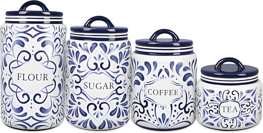 Young's Inc. 4 Pcs Set Talavera Ceramic Canisters- Storage Container for Kitchen and Bathroom - Beautiful Home Decor Accent to Store Food, Coffee, Tea, and More - White, Blue-VerdiqueGarden