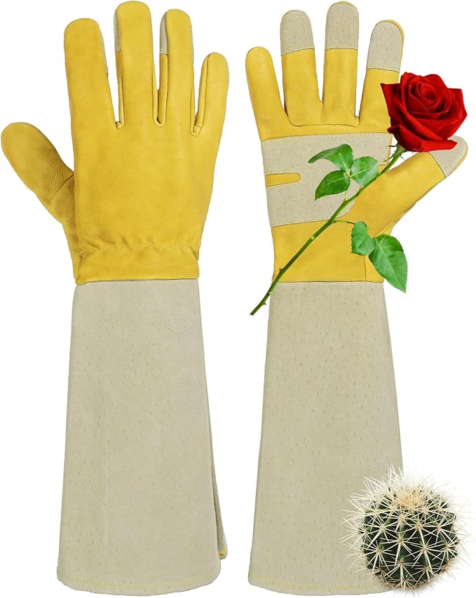HANDLANDY Rose Pruning Gardening Gloves for Men Women, Thorn Proof Forearm Protection Leather Garden Gloves, Gardening Gifts for Gardeners (Yellow- Goatskin, X-Large (Pack of 1))-VerdiqueGarden