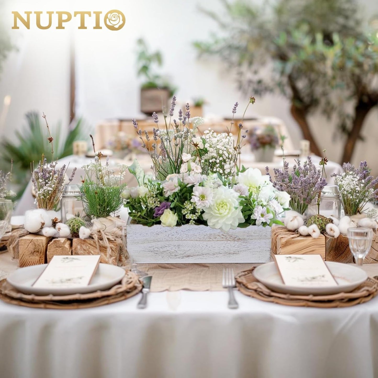 NUPTIO Flower Box Rectangle Centerpieces: 6 Pcs 11.8" Long Wood Vase Boxes Small Rustic Washed White Centerpiece Box for Wedding Tables Fall Decor-VerdiqueGarden