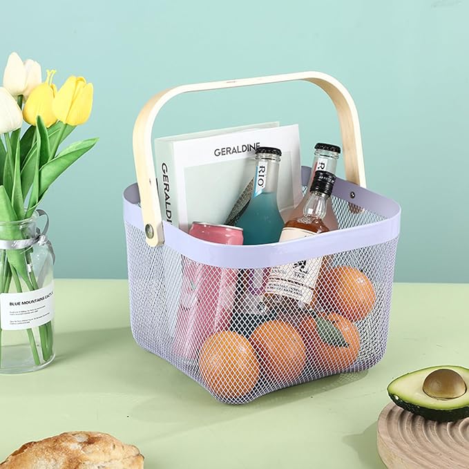 Metal Mesh Steel Basket, Storage Organizer Basket Multi-functional Hanging Kitchen Baskets Fruit Basket Bin with Bamboo Handle for Kitchen Bathroom Picnic Shopping Decor Cabinet Home, Purple-VerdiqueGarden