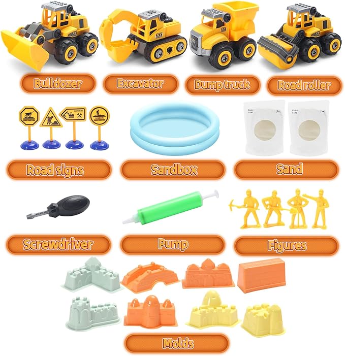 Play Construction Sand Kit,2.2lbs Magic Sand W/4 Large Take Apart Construction Trucks,1 Sandbox,8 Worker Figures and Road Signs,8 Molds,Toys for 2-8 Years Old Boys Girls-VerdiqueGarden