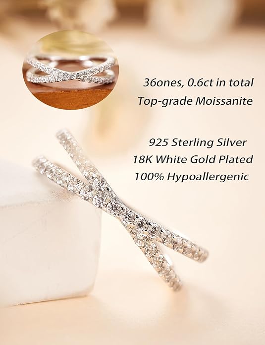 IMOLOVE Moissanite Eternity Ring, Criss Cross Wedding Bands for Women - Sterling Silver Stackable Rings Size 4-11