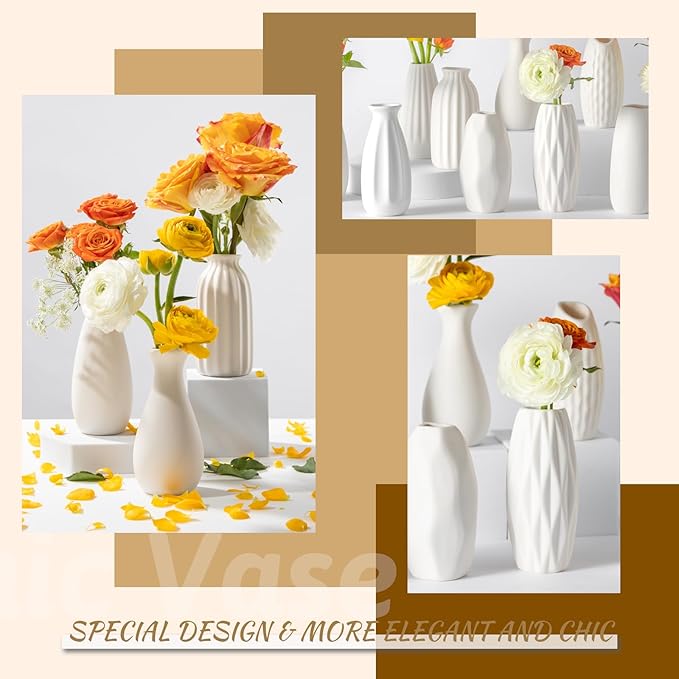 Small White Ceramic Vase Set of 10 - Mini Bud Vases for Flowers and Pampas Grass, Boho Centerpieces for Home and Party Decor, White Vases Home Decor, Ceramic Vase Set for Weddings-VerdiqueGarden