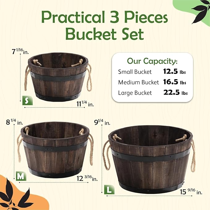 IDZO Set of 3 Wooden Flower Boxes Outdoor, Durable Acacia Wood Barrel Planters for Outdoor Plants with Ergonomic Handles, Drainage Holes, Multiple Sizes Wood Bucket Planter for Home Décor-VerdiqueGarden