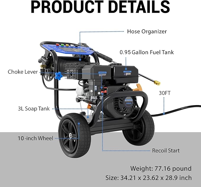 3600 PSI Gas Pressure Washer, 2.3 GPM Heavy-Duty Power Cleaner with 212CC Engine, 5 Quick-Connect Nozzles, 30FT Hose & Reel, Maintenance-Free Axial Cam Pump, for Commercial, Home Cleaning-VerdiqueGarden
