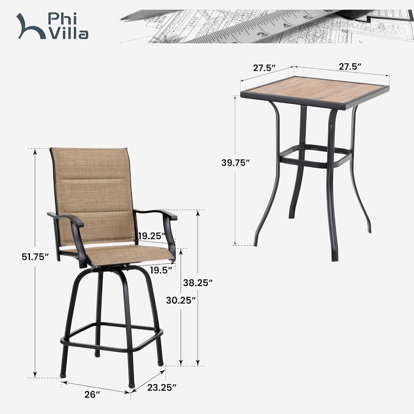 PHI VILLA 3 Piece Outdoor Swivel Bar Stools Set, Bar Height Patio Set with 2 Padded Textilene Fabric Chairs, All-Weather High Top Patio Bistro Table and Chairs Furniture, Brown-VerdiqueGarden