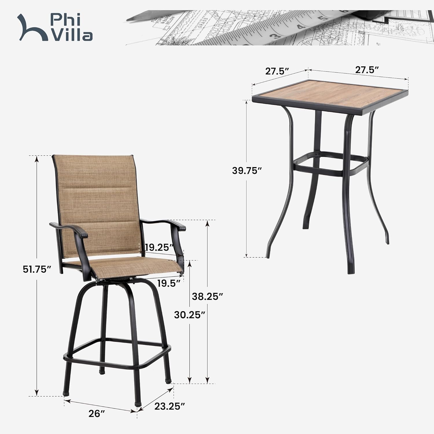PHI VILLA 3 Piece Outdoor Swivel Bar Stools Set, Bar Height Patio Set with 2 Padded Textilene Fabric Chairs, All-Weather High Top Patio Bistro Table and Chairs Furniture, Brown-VerdiqueGarden