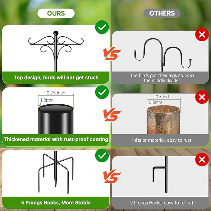 Shepherds Hooks for Outdoor, 108 Inch Heavy Duty Bird Feeder Pole with 5 Prongs Base, Adjustable Shepherds Hook for Hanging Birdhouses, Lanterns, Plant Baskets, Wind Chimes-VerdiqueGarden