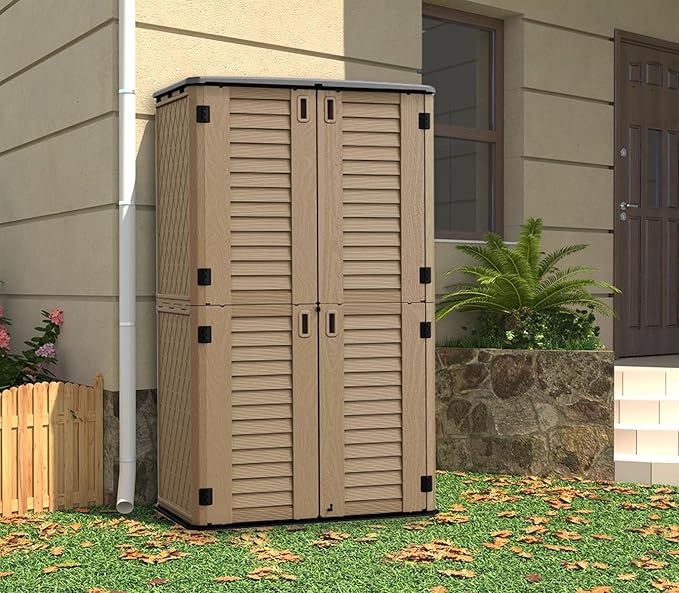 HOMSPARK Storage Shed Weather Resistance, Multi-Purpose Outdoor Storage Cabinet for Backyards and Patios, Horizontal Storage Shed for Lawnmower, Patio Accessories (Coffee, Tall - 53 cu.ft)-VerdiqueGarden
